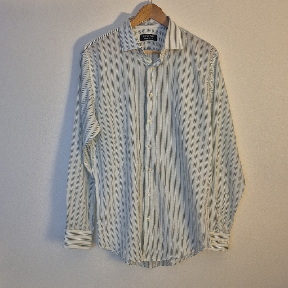 Nordstrom White/Blue/Green Striped Dress Shirt Linen Blend Non Iron Size 16
